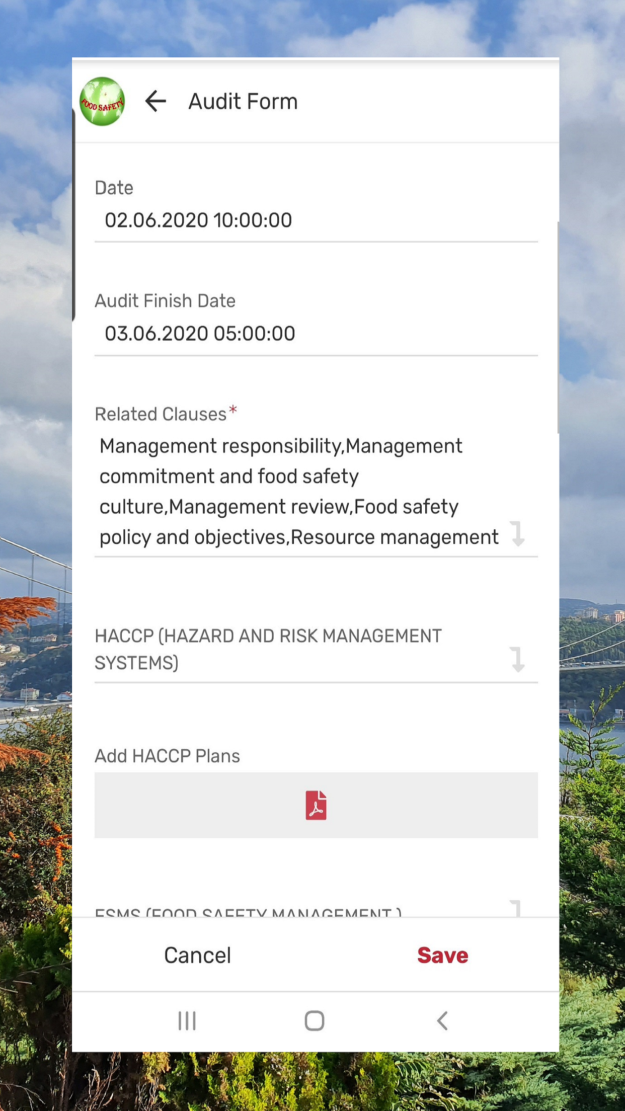 screenshot of Food Safety Audit